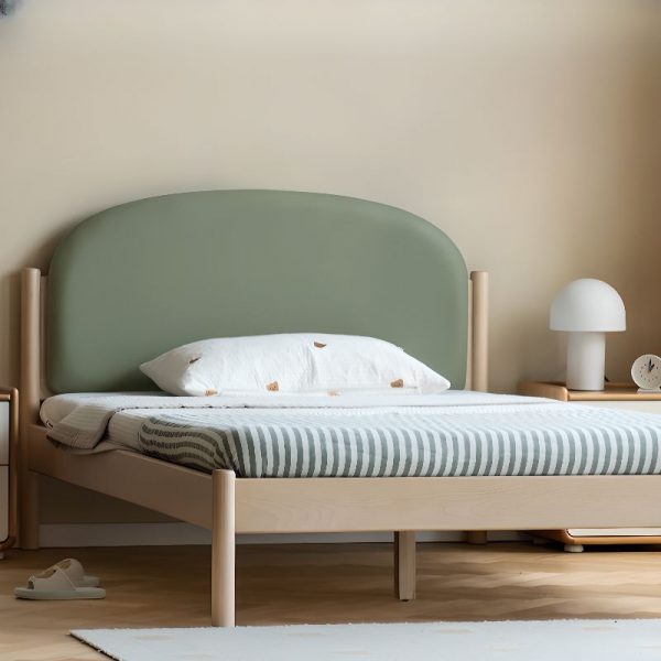 "Trendy White/Sage Faux Leather Upholstered Standard Children Bed with Coir Mattress, Headboard & Gender Neutral Design"