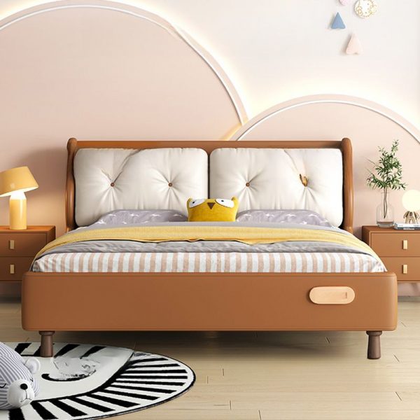 "Brown Modish Natural Wood Standard Kids Bed with Genuine Leather, Headboard, Coir Mattress, and Gender Neutral"