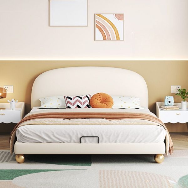 "Casual Gender Neutral Chalk Wood Standard Children Bed/Lift Up Storage Children Bed with Genuine Leather Upholstery, Headboard & Underbed Storage"