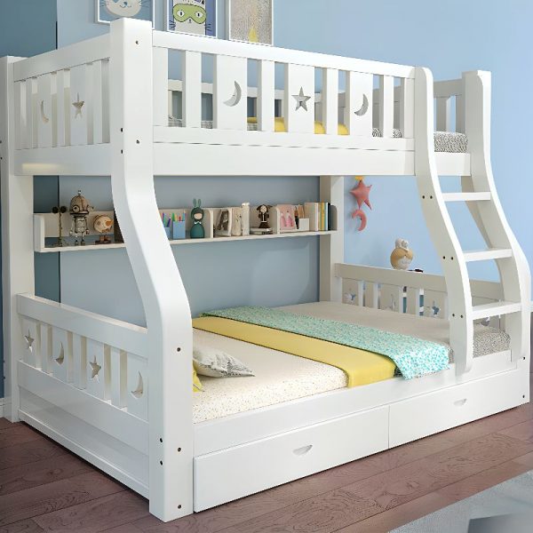 "Chalk Kids Bunk Bed with Footboard, Headboard Storage, Bookstand, Ladder, and Detachable Guardrails capable of Multiple Mattress Sizes"