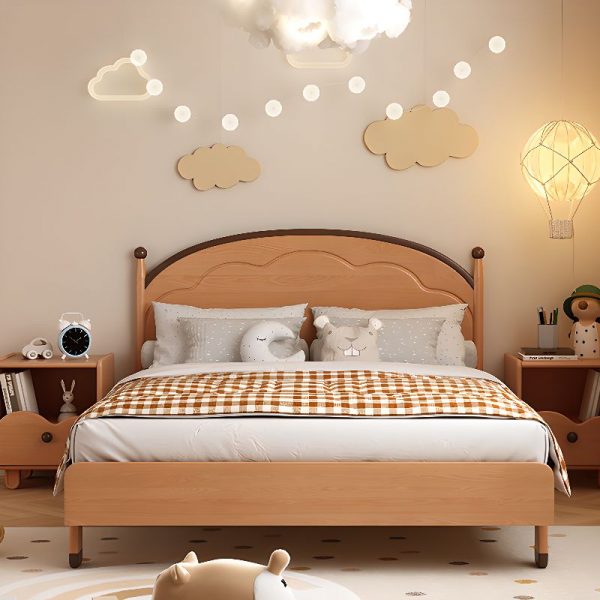 "Simplistic Natural Color Natural Wood Standard Kids Bed with Headboard, Coir Mattress Fill, Gender Neutral"