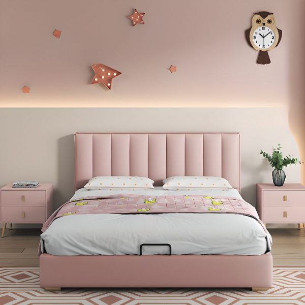 "Peony Pink Vinyl Leather Upholstered Standard Kids Bed with Coir Mattress, Headboard for Girl/Woman+, Underbed Storage"