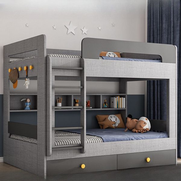 "Gray Children Bunk Bed, Storage/2 Drawers/1 Shelf/Credenza, Ladder/Guardrail"