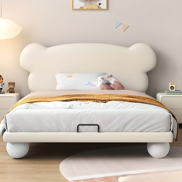 "White Contemporary Lumber Standard Kids Bed with Genuine Leather, Headboard, Coir Mattress, and Gender Neutral Design"
