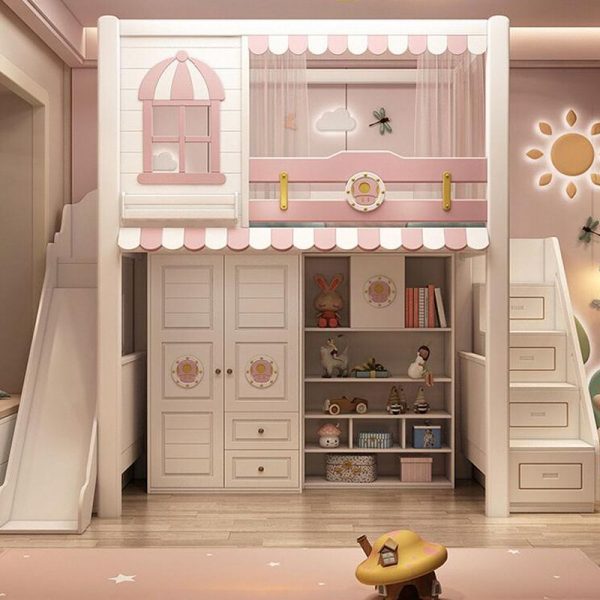 "Princess Theme Magenta Kids Loft Bed with Repository, 4 Drawers, Stairs, Guardrail for Girl/Woman+"